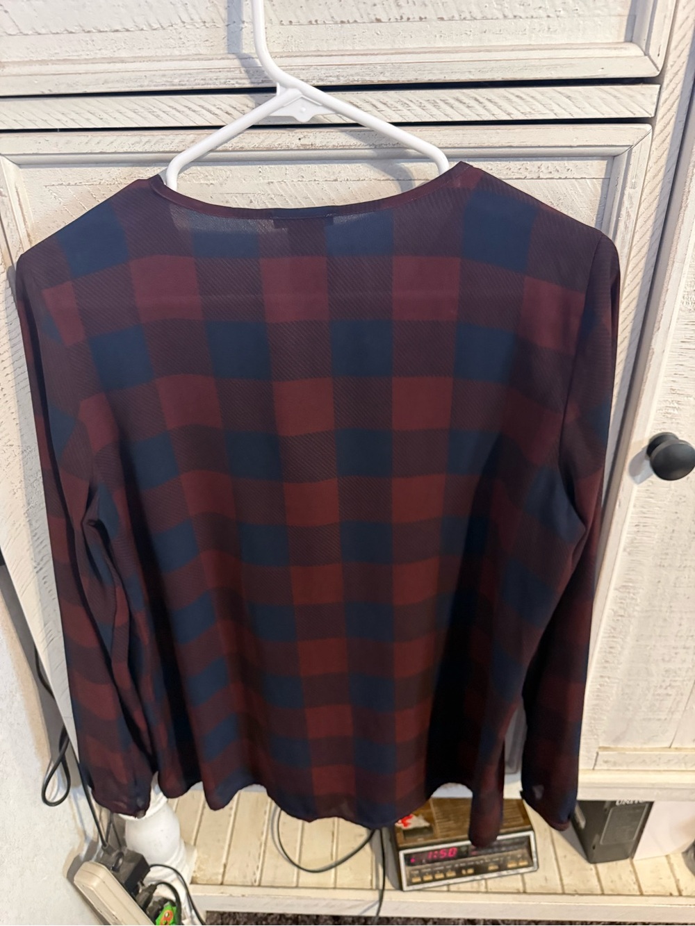 Ann Taylor Navy and Burgundy Check Long-Sleeve Blouse